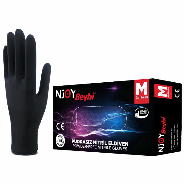 Beybi Njoy Nitril Eldiven Pudrasız Siyah Medium 100'lü